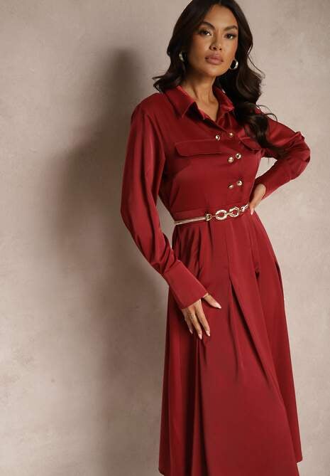 Bordowa Koszulowa Sukienka o Rozkloszowanym Kroju z Gumką w Pasie i Imitacją Kieszeni Etaviela