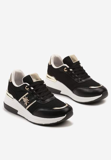 Czarne Sneakersy za Kostkę z Imitacji Skóry na Koturnie z Aplikacją i Sznurowaniem Faelena