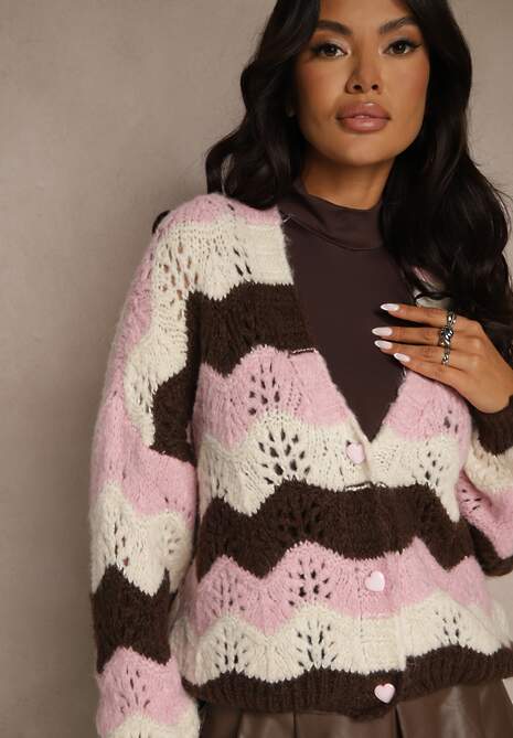 Różowy Kardigan z Domieszką Wełny i Wiskozy o Ażurowym Splocie Esina