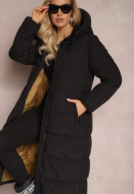 Czarna Długa Kurtka Pikowana Płaszcz Mocno Ocieplona z Nieodpinanym Kapturem Naliope