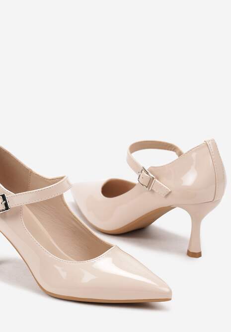 Beżowe Czółenka Lakierowane na Szpilce z Ozdobnym Paskiem na Sprzączkę Erisla