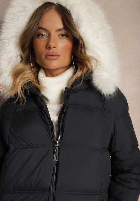 Granatowa Długa Pikowana Kurtka z Kapturem i Odpinanym Futerkiem Edariel