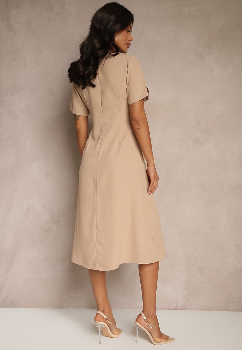 Beżowa Rozkloszowana Sukienka Vices Zdobiona Wiązaniem Folarenne