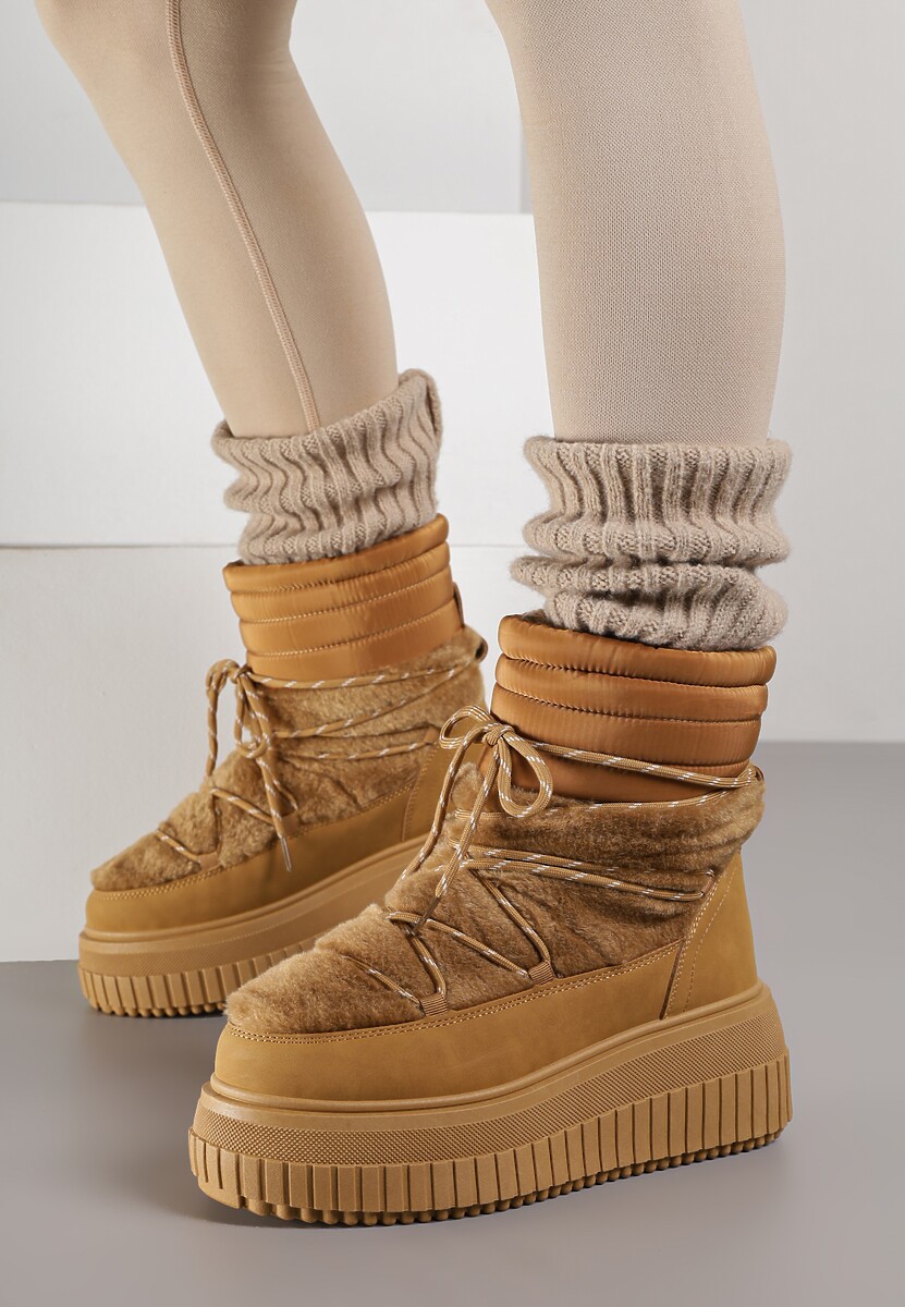 Jasnobrązowe Śniegowce na Platformie z Tłoczeniem Ozdobione Futerkiem i Pikowaniem Adallie