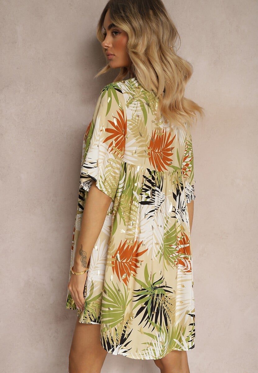 Biało-Pomarańczowa Sukienka o Rozkloszowanym Kroju z Falbanką i Trójkątnym Dekoltem Tiamaya