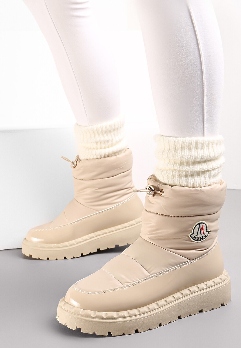 Beżowe Krótkie Śniegowce na Platformie z Lakierowanymi Wstawkami Goddie