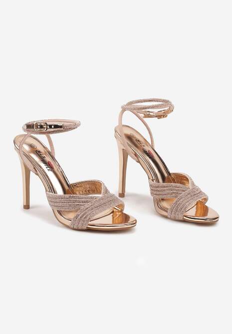 Szampańskie Sandały na Szpilce z Cyrkoniami i Paseczkiem Wokół Kostki Irivane