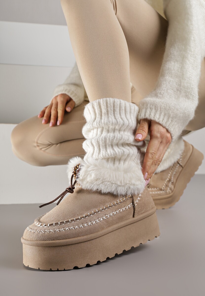 Ciemnobeżowe Śniegowce na Platformie Ozdobione Futerkiem i Przeszyciami Linerva