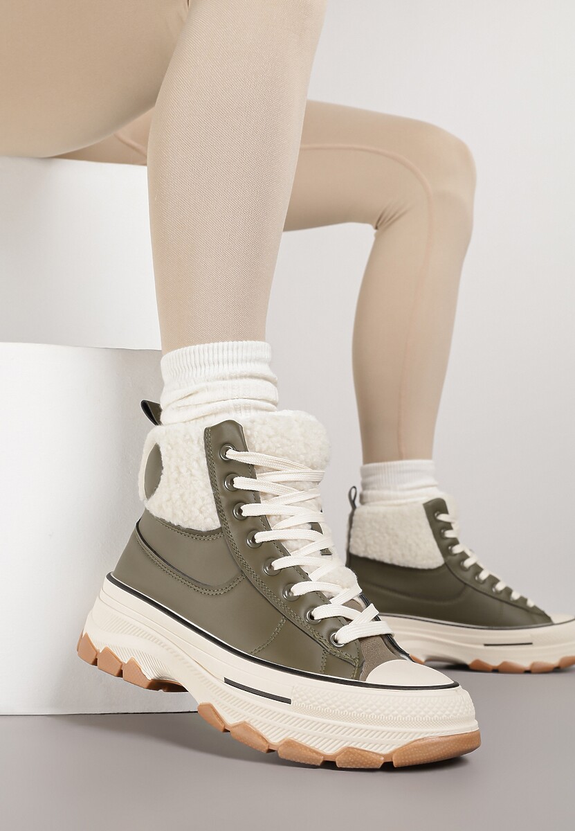 Zielone Traperki w Stylu Trampek na Grubej Podeszwie Ozdobione Futerkiem Miatheae