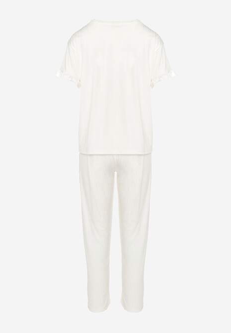 Jasnobeżowy 2-Częściowy Komplet Piżamowy Koszulka z Napisem i Proste Spodnie Niela