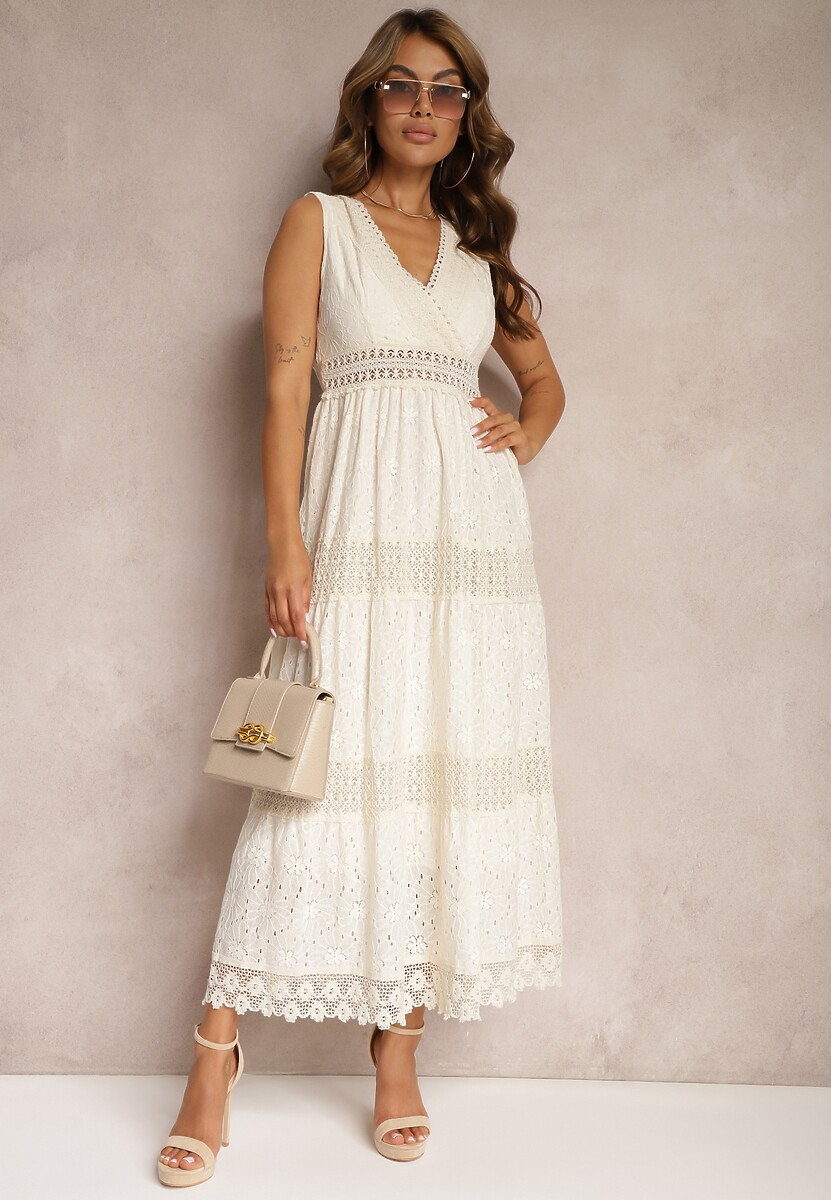 Beżowa Kopertowa Sukienka Maxi z Wiązaniem na Plecach z Koronkowej Tkaniny Sonaia