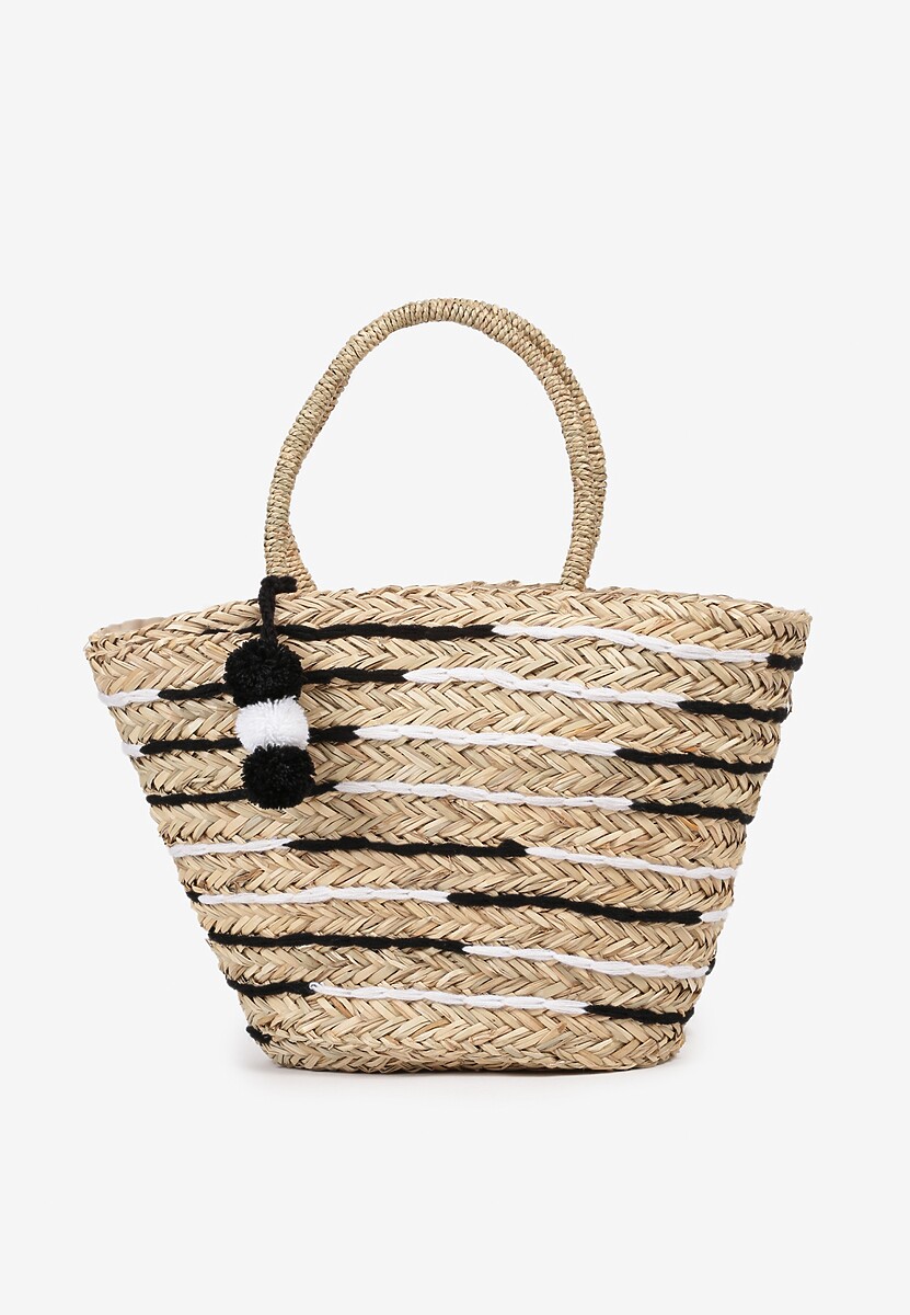 Beżowa Pleciona Torebka Boho Słomiana z Ozdobnymi Pomponami Elexeree