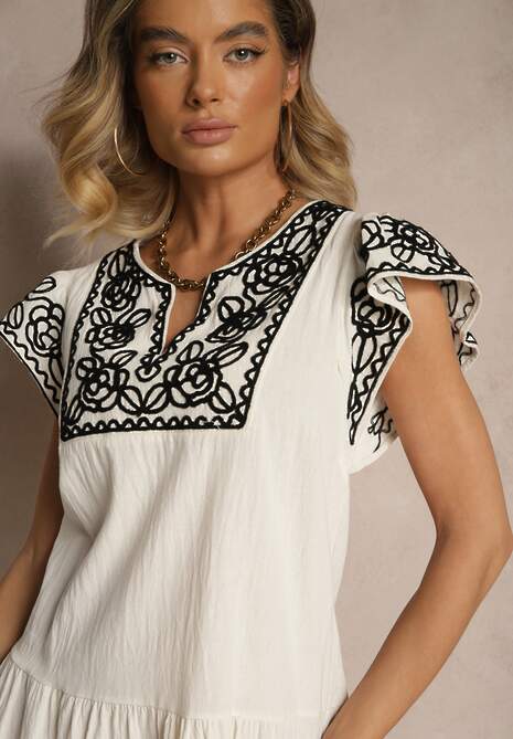 Beżowa Bawełniana Sukienka Boho Ozdobiona Haftami Eviriella