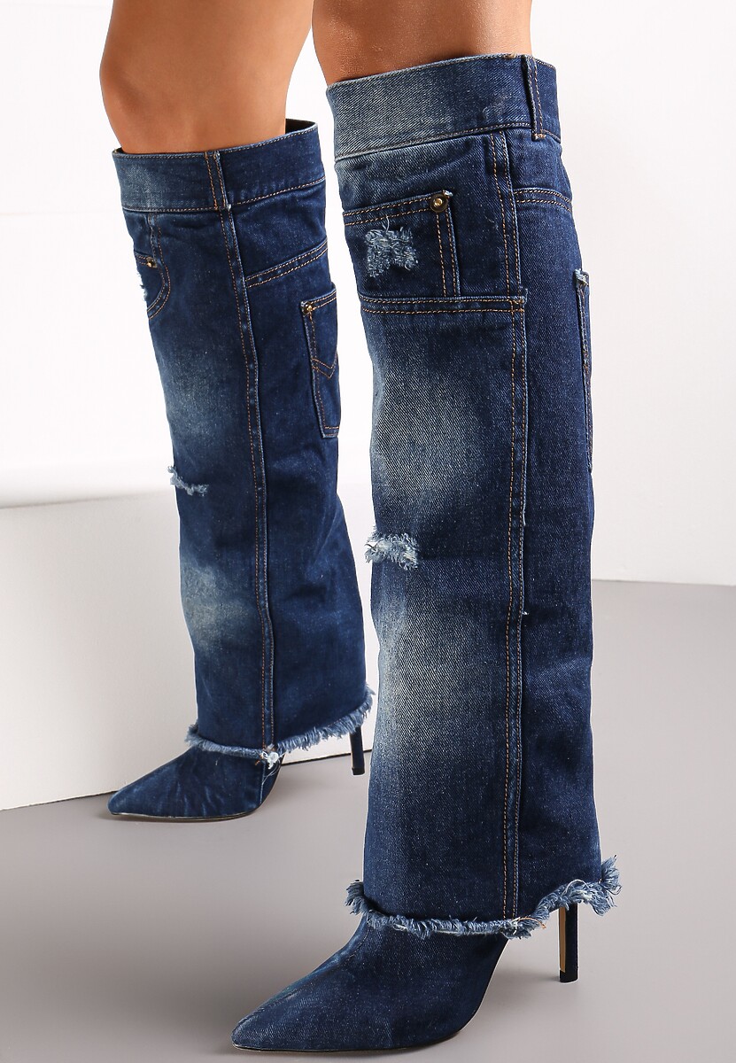 Niebieskie Kozaki Na Szpilce z Jeansu Ozdobione Przetarciami i Dziurami Cikase