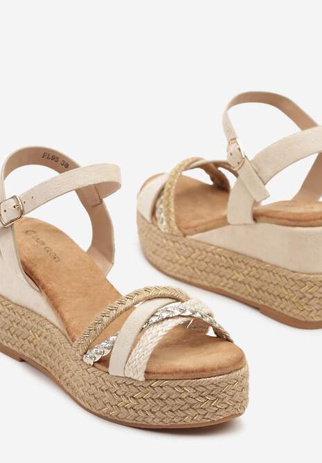 Beżowe Sandały Plecionej Platformie i Koturnie Aluie