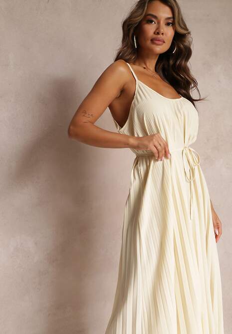 Jasnobeżowa Letnia Sukienka Ozdobiona Plisowaniem i Wiązaniem w Pasie Aziel