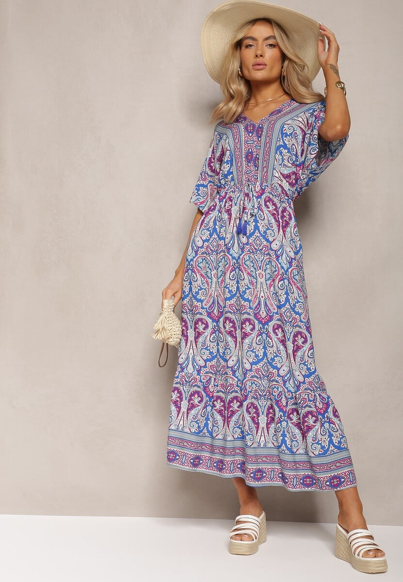 Niebiesko-Fuksjowa Wiskozowa Sukienka Maxi z Gumką w Pasie Ozdobiona Wzorem Paisley Larite