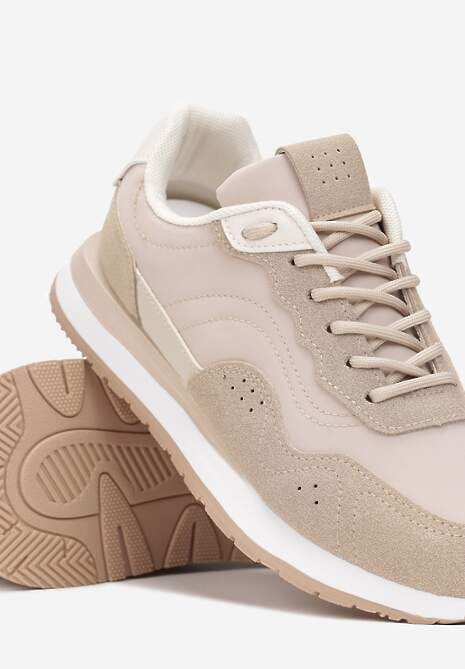 Ciemnobeżowe Sneakersy Zdobione Wstawkami z Imitacji Skóry Fayela