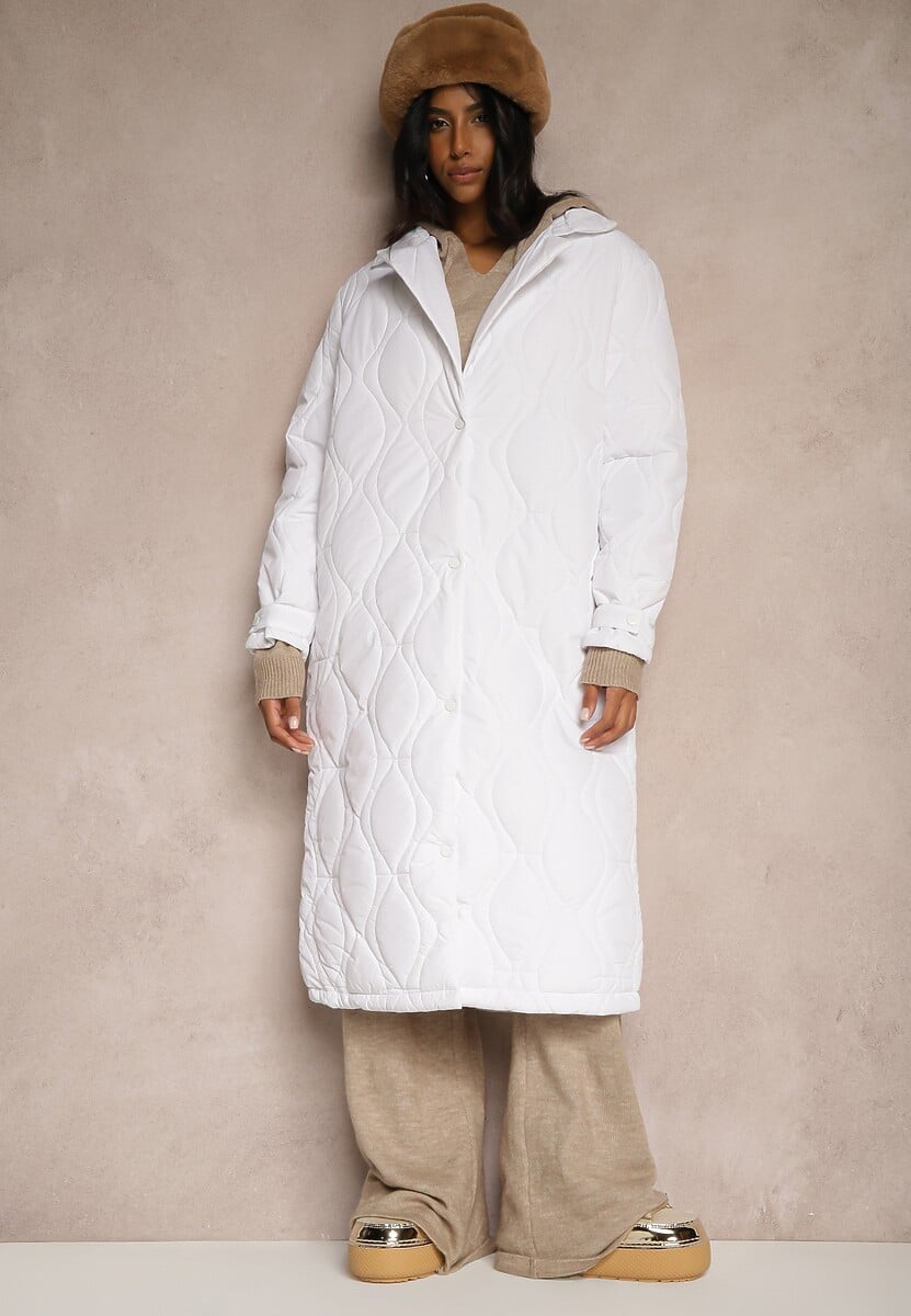 Biały Długi Płaszcz Kurtka Ozdobiona Pikowaniem Hamid