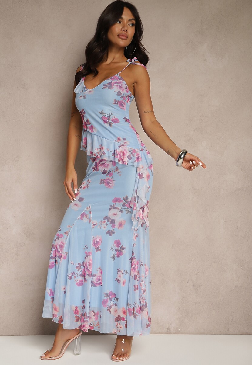 Niebieski Komplet w Kwiatowy Wzór Spódnica i Top Zdobiony Falbanami i Wiązaniem Saraveira