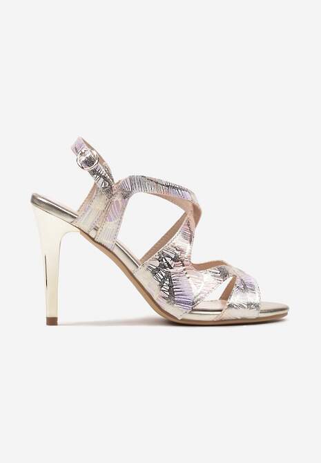 Złote Sandały Szpilki z Metalicznym Wykończeniem i Skórzaną Wkładką Zapinane na Sprzączkę Effimba