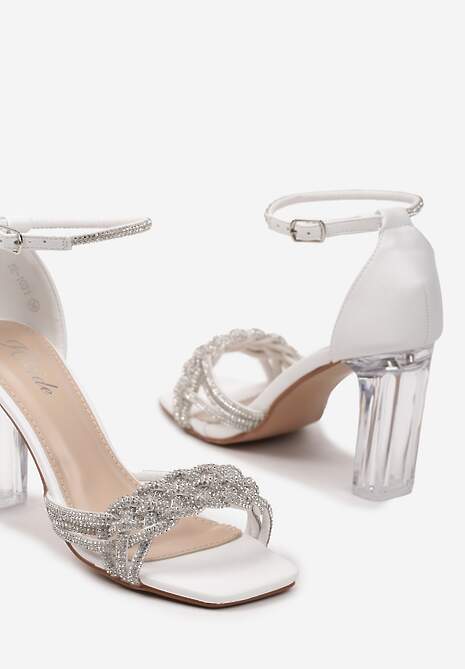 Białe Sandały z Ekoskóry na Transparentnym Słupku Zdobione Cyrkoniami ze Sprzączką Lotesa