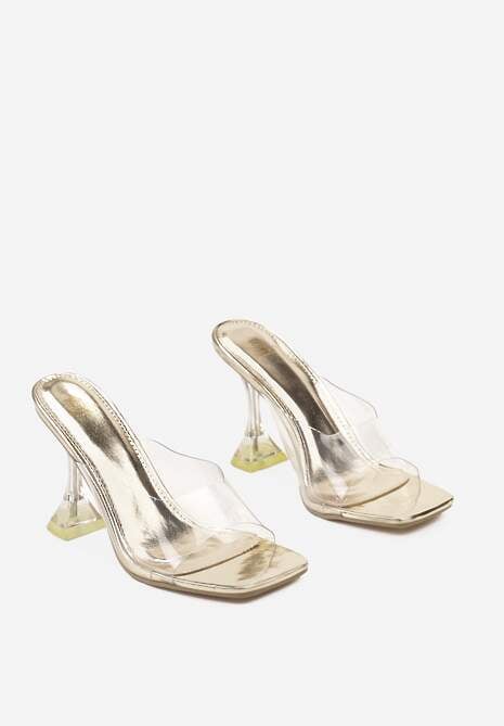 Złote Transparentne Klapki z Wysokim Klepsydrowym Obcasem Mivienne