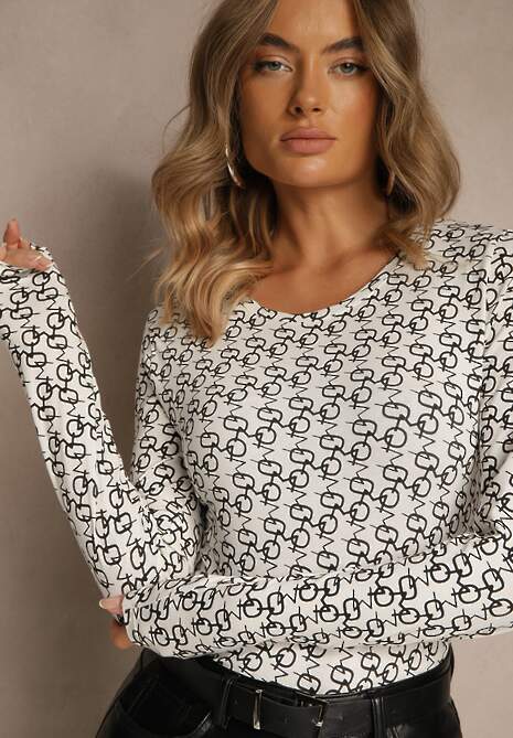 Czarno-Biała Bluzka Longsleeve z Bawełny Ozdobiony Literowym Wzorem Javelina