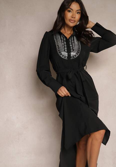 Czarna Koszulowa Sukienka Ozdobiona Koralikami Cekinami i Paskiem Tidanis