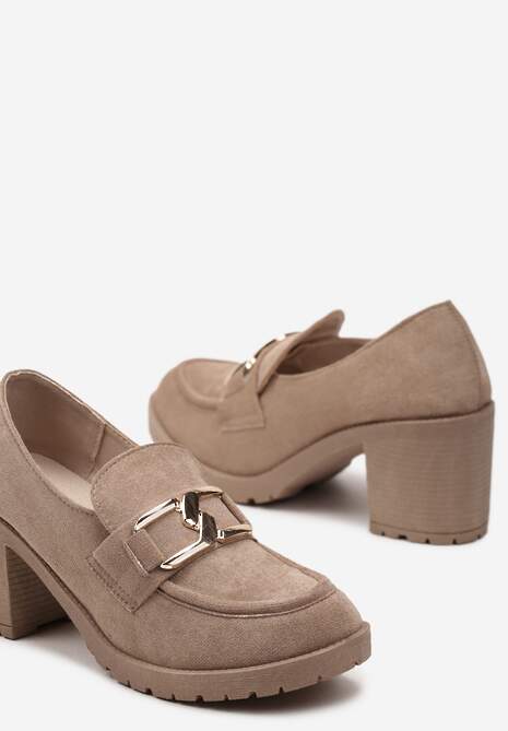 Ciemnobeżowe Półbuty na Grubej Podeszwie i Słupku z Przeszyciami i Klamrą Nizhoni