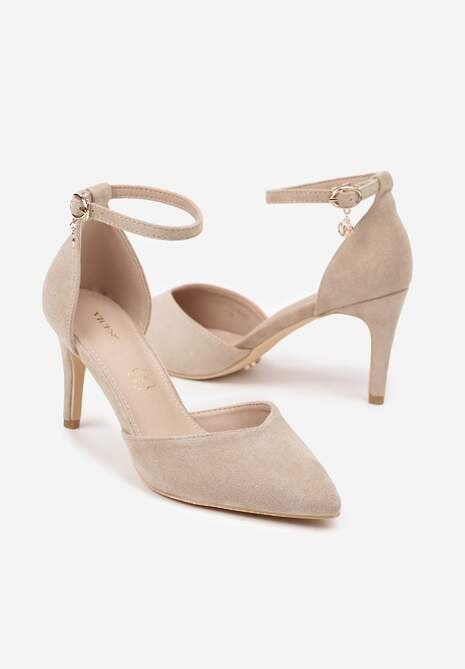 Ciemnobeżowe Szpilki Vices z Wkładką ze Skóry Naturalnej i Ozdobnym Paskiem Korori