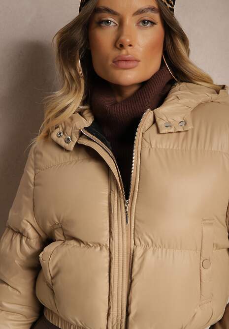 Ciemnobeżowa Pikowana Kurtka z Nieodpinanym Kapturem o Krótkim Kroju Tinneira