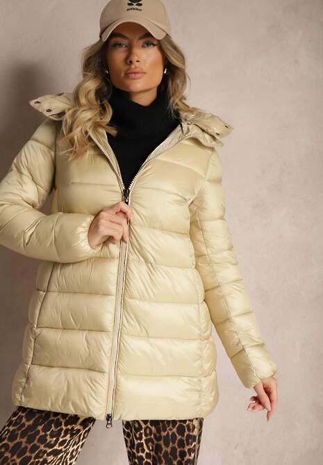 Jasnobeżowa Kurtka Długa Pikowana z Dwustronnym Suwakiem i Odpinanym Kapturem Naonia