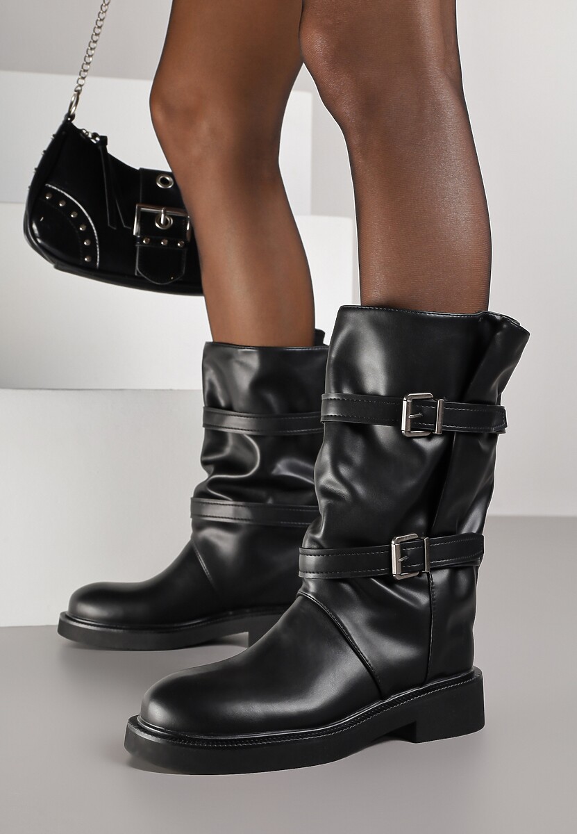 Brązowe Botki Biker Boots z Marszczoną Cholewką i Paskami ze Sprzączkami Sinesa