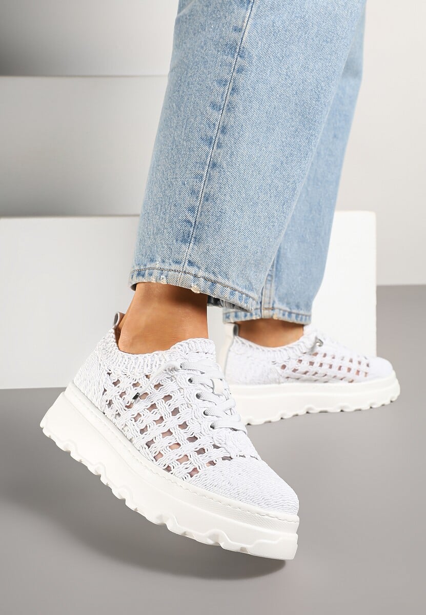 Białe Sneakersy na Platformie z Ażurkową Cholewką Marionea