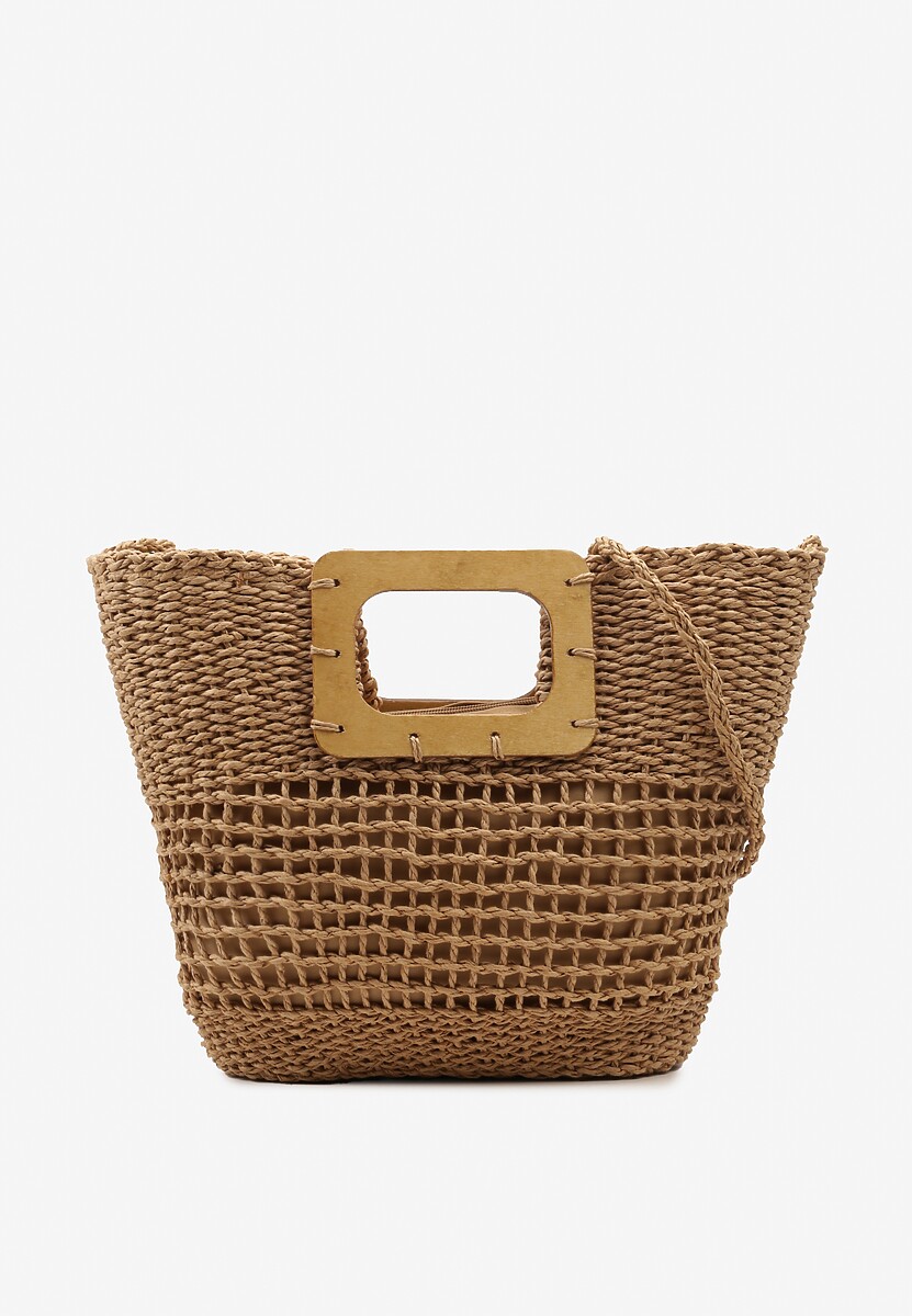 Ciemnobeżowa Pleciona Torebka w Stylu Plażowym z Drewnianymi Uchwytami i Dłuższym Paskiem Rerina