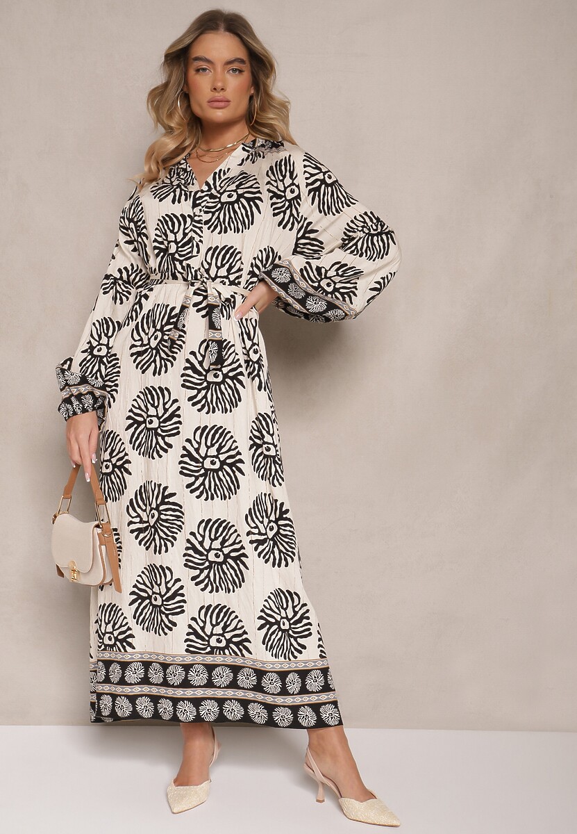 Czarna Sukienka Oversize z Wiskozy z Paskiem Zdobiona Etnicznym Printem Velsekia