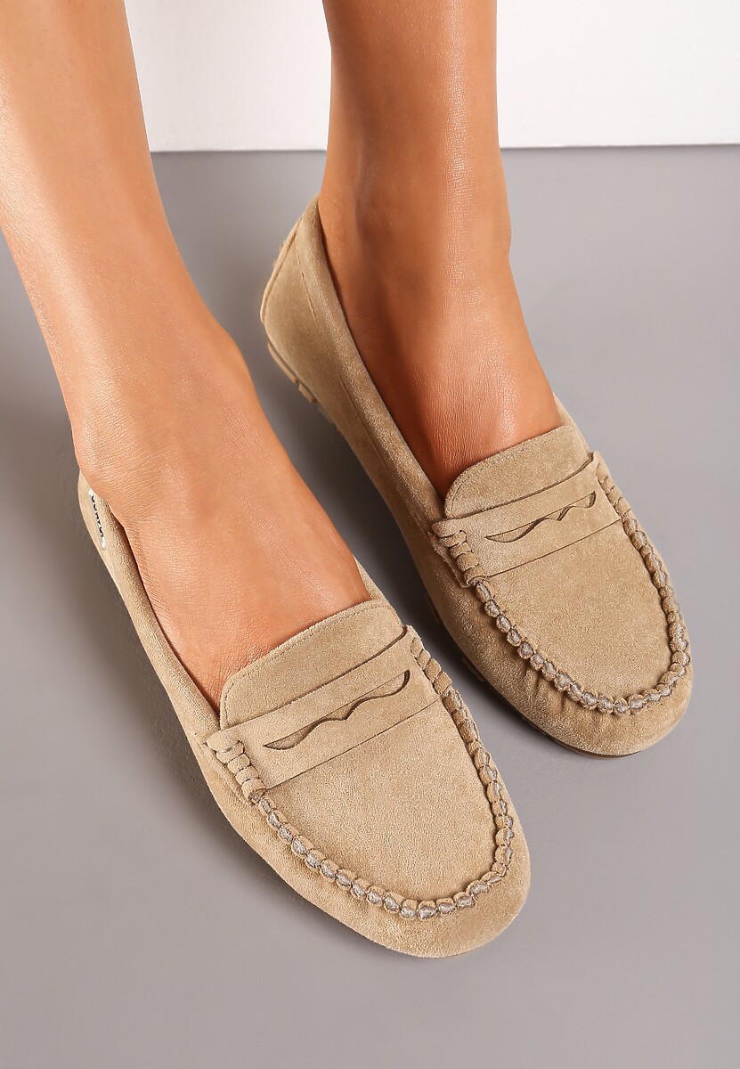 Ciemnobeżowe Płaskie Mokasyny o Klasycznym Fasonie z Przeszyciem Wenniva