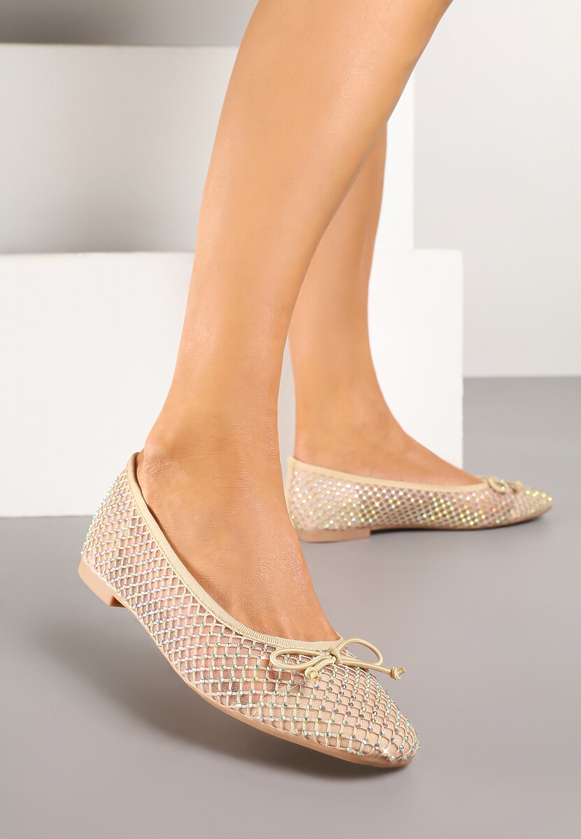 Ciemnobeżowe Siateczkowe Balerinki z Delikatnymi Cyrkoniami i Kokardką Senirithra