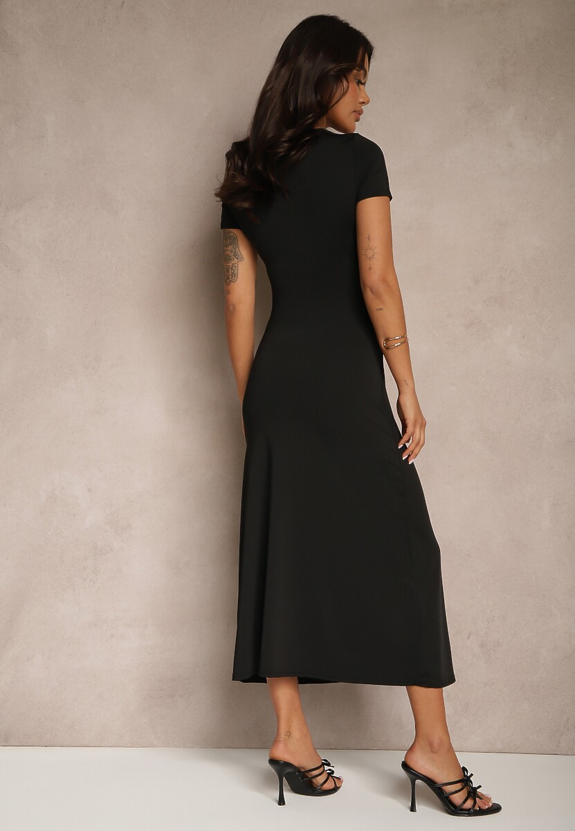 Czarna Sukienka Bodycon z Marszczeniem w Talii  i Krótkimi Rękawami Aterezza