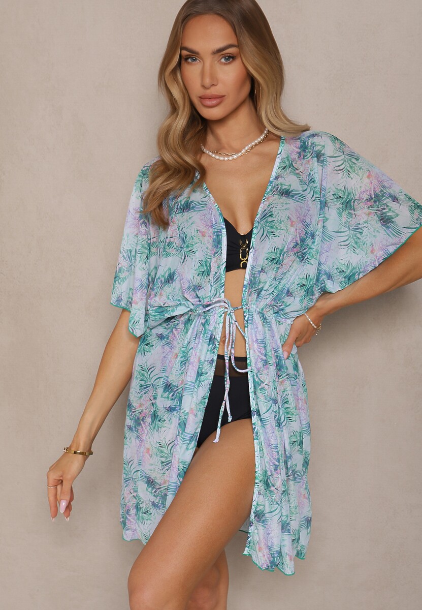 Zielona Narzutka Plażowa z Wiązaniem w Kwiatowy Wzór Mevelaura