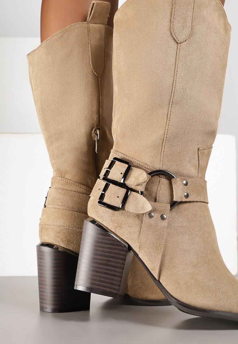 Ciemnobeżowe Kozaki Kowbojki w Stylu Bikerów na Słupku Ansabelle