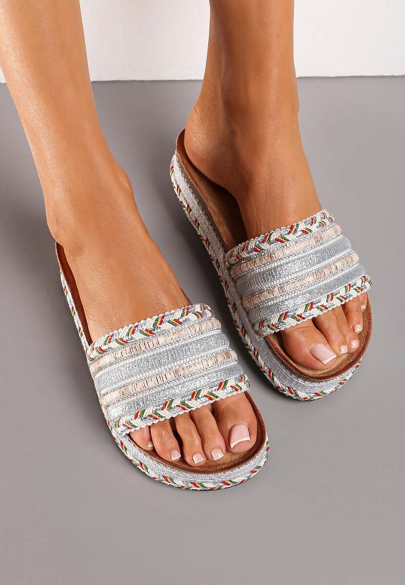 Srebrne Klapki Boho z Ozdobną Plecionką i Cyrkoniami Emillia