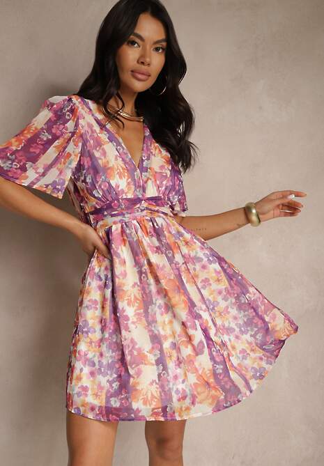 Fioletowa Sukienka z Motywem Kwiatów Riniria