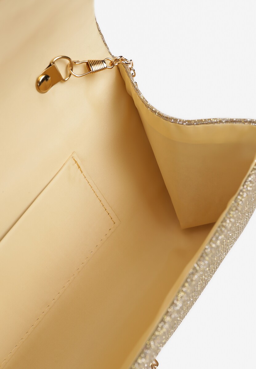 Złota Torebka Kopertówka Zdobiona Brokatem z Dołączonym Łańcuszkowym Paskiem Emedi