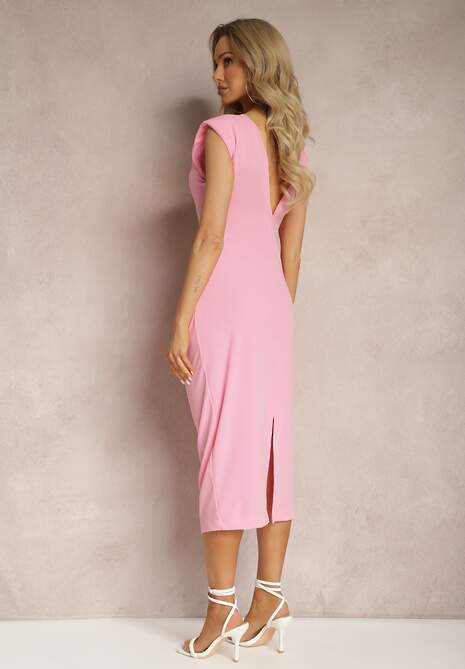 Różowa Sukienka Midi Bez Rękawów z Drapowaniem i Wycięciem na Plecach Blita