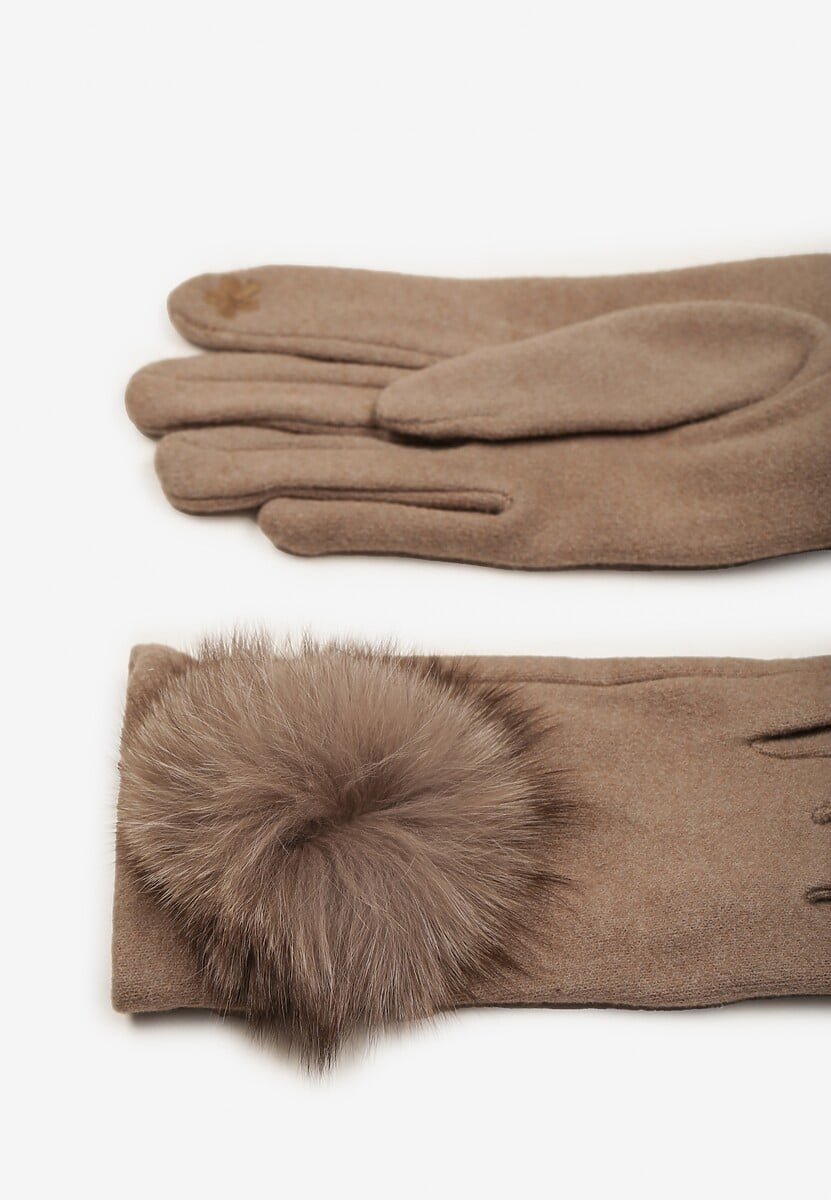 Jasnobeżowe Rękawiczki z Bawełną Ozdobione Futrzanym Pomponem Nadelina