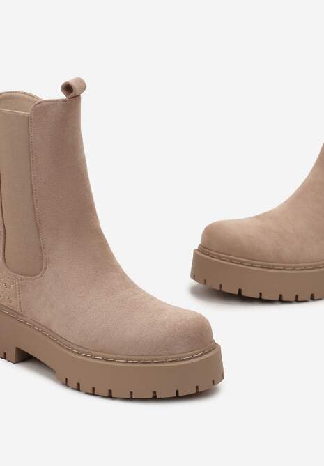 Ciemnobeżowe Botki Sztyblety Grunge na Platformie z Brokatową Wstawką Dugan