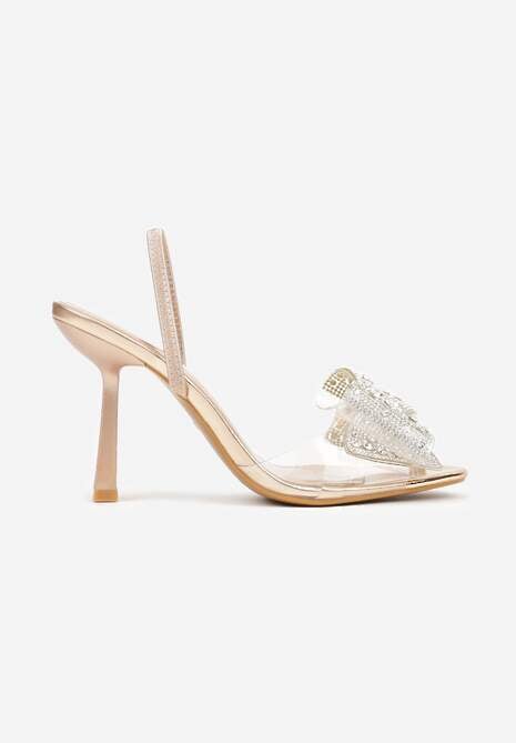 Szampańskie Transparentne Sandały na Klepsydrowej Szpilce z Kokardą i Cyrkoniami Feralia