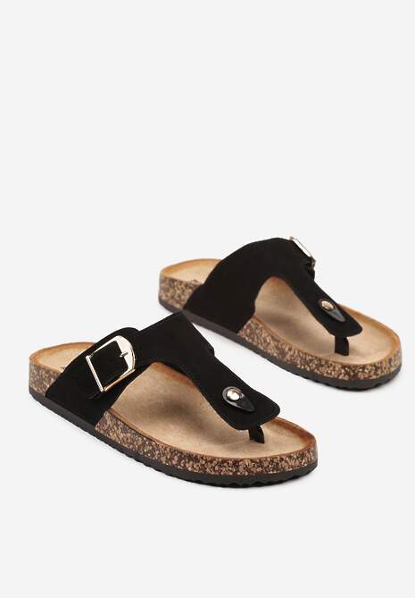 Czarne Japonki na Podeszwie z Korka Ozdobione Klamrą Finirea